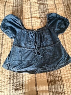 Denim-Look Blue Peasant Blouse with Waist Tie